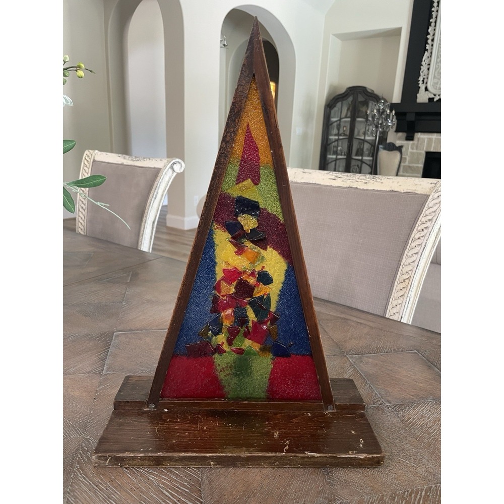 Vtg Mid Century Modern Pyramid Stained Glass Lucite Christmas Tree Lamp MCM
